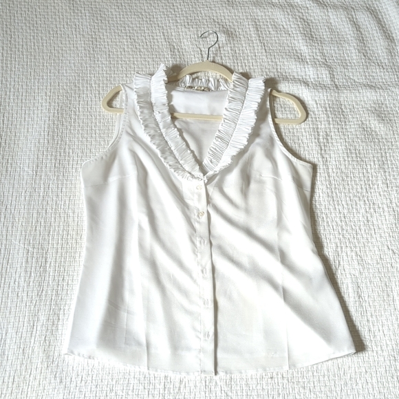 Womens Cleo Buttoned Blouse Sleeveless Tank with Tasteful Collar Ruffles White - Picture 1 of 6